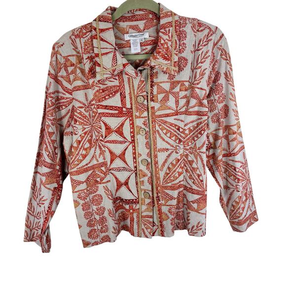 Coldwater Creek Orange Cream Woven Linen Rayon Long Sleeve Collared Top Size PL - Picture 1 of 5